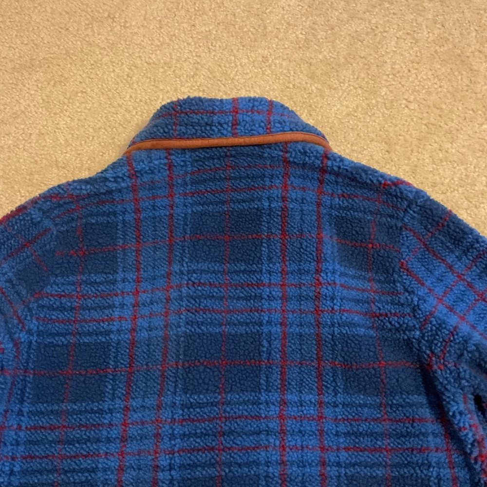 Orvis Blue Burgundy Plaid & Brown Trim Toggle 5 Button Down Fleece Jacket Blazer - Picture 11 of 15